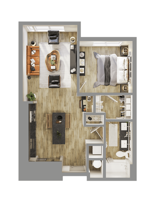 a 3d rendering of a floor plan of a bedroom at Bemiston Place Apartments, Missouri